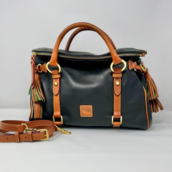 Dooney & Bourke Large Satchel Pebbled Leather Black w green suede collar 15" W - Picture 1 of 16